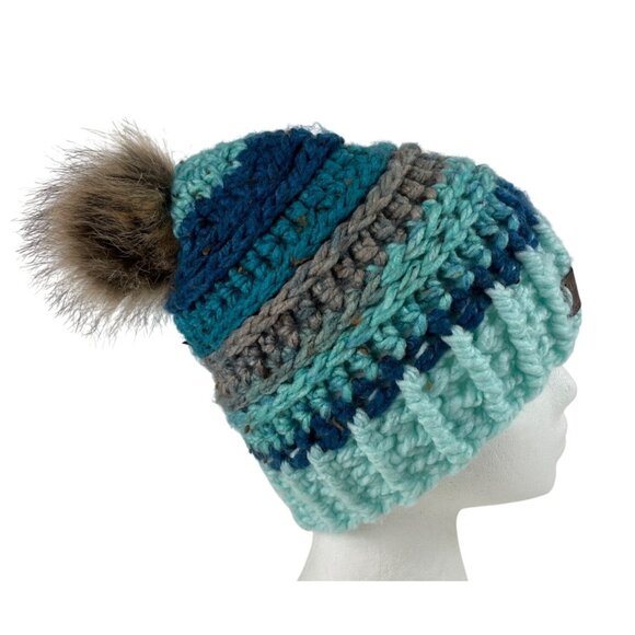 Air Force Mom Pom Beanie Adult Blue Gray Crochet Chunky Knit Warm Winter Cap - Picture 2 of 10